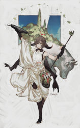 Rule 34 | 1girl, animal ears, arknights, armlet, armpits, black gloves, black legwear, brown hair, bull, cow ears, cow girl, cow horns, elbow gloves, fingerless gloves, flower, full body, gloves, green eyes, hair over one eye, highres, holding, holding staff, horns, official alternate costume, pallas (arknights), pallas (heritage) (arknights), parted lips, pouch, red flower, short hair, signature, single bare shoulder, smile, solo, staff, standing, stirrup legwear, toeless legwear, tunic, watori re