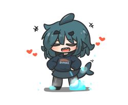 Rule 34 | +++, 1girl, = =, black footwear, blue hair, blue hoodie, blush, chibi, closed eyes, commentary request, facing viewer, fins, fish tail, frozen, fuka-chan, full body, grey pantyhose, grey skirt, hair between eyes, hands on own hips, heart, highres, hood, hood down, hoodie, ice, long sleeves, original, pantyhose, puffy long sleeves, puffy sleeves, shadow, shark tail, shoes, simple background, skirt, solo, standing, tail, uni souchou, white background