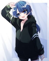 Rule 34 | 1girl, arm at side, black jacket, black shorts, blue eyes, blue hair, collarbone, commentary request, dark blue hair, flat chest, hand on own head, hickey, highres, hood, hooded jacket, jacket, kanduki kamibukuro, blue background, light blush, link! like! love live!, long hair, long sleeves, looking at viewer, love live!, mole, mole on neck, murano sayaka, open mouth, partially unzipped, raised eyebrow, shorts, solo, upper body