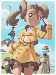 Rule 34 | 1boy, 3girls, aircraft, belt, border, brown hair, brown skirt, building, buttons, cloud, collared shirt, commentary request, confetti, creatures (company), day, dirigible, eyelashes, game freak, gazing eye, gloves, green eyes, hair ornament, hand up, heart, heart hair ornament, highres, holding, holding magnifying glass, jacket, key hair ornament, long sleeves, looking at viewer, looking down, lyra (pokemon), magnifying glass, multiple girls, nintendo, official alternate costume, outdoors, parted lips, plaid, plaid skirt, pokemon, pokemon hgss, pokemon masters ex, shauna (pokemon), shauna (special costume) (pokemon), shirt, skirt, sky, steven stone, steven stone (special costume), team rocket, team rocket uniform, teetth, twintails, white border, white gloves, white shirt, yellow belt, yellow jacket, yellow skirt, zinnia (pokemon), zinnia (special costume) (pokemon)