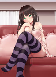Rule 34 | 1girl, babydoll, bare shoulders, black hair, blush, breasts, cleavage, crossed legs, frilled pillow, frills, green eyes, kozue akari, long hair, looking at viewer, medium breasts, no shoes, original, panties, pantyshot, pillow, plump, sitting, smile, solo, strap slip, striped clothes, striped thighhighs, thighhighs, thighs, underwear