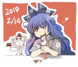 Rule 34 | 2018, 2girls, antinomy of common flowers, blue hair, bow, brown eyes, cake, chocolate, comic, commentary request, dated, drill hair, eating, eyewear on head, food, food on face, hair bow, hat, heart, heart-shaped pupils, hood, hoodie, jacket, long hair, looking at viewer, multiple girls, open mouth, patch, smile, spatula, sunglasses, symbol-shaped pupils, tako (plastic protein), top hat, touhou, translation request, twin drills, valentine, yorigami jo&#039;on, yorigami shion