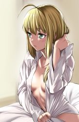 Rule 34 | 1girl, ahoge, artoria pendragon (fate), blonde hair, blush, breasts, debacoq, fate/stay night, fate (series), green eyes, highres, long hair, looking away, open clothes, saber (fate), small breasts, solo