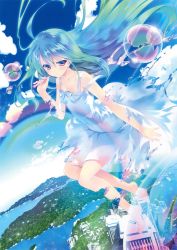 Rule 34 | 1girl, absurdres, barefoot, blue dress, blue hair, blush, bubble, closed mouth, cloud, collarbone, day, dissolving, dissolving clothes, dress, dutch angle, full body, highres, holding, long hair, original, outstretched arm, pink eyes, rainbow, river, scan, shouna mitsuishi, sky, smile, solo, sparkle, sundress, very long hair, water