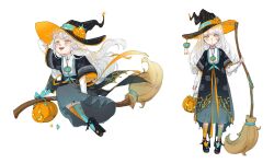 Rule 34 | ao nhat binh, broom, broom riding, closed mouth, cloud print, food, halloween, hat, highres, holding, holding broom, holding food, holding pumpkin, holding vegetable, laughing, lolita fashion, long hair, open mouth, original, patterned clothing, pumpkin, shoes, tokart1203, vegetable, vietnamese clothes, vietnamese dress, white background, white hair, witch, witch hat, yellow eyes