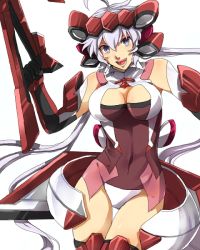 Rule 34 | 10s, 1girl, artist request, body armor, breast cutout, breasts, cleavage, covered navel, elbow gloves, gloves, large breasts, leotard, long hair, senki zesshou symphogear, grey eyes, silver hair, smile, solo, thigh gap, thighhighs, thighs, white background, yukine chris