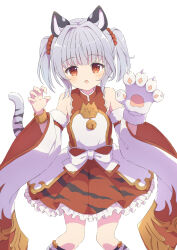 Rule 34 | 1girl, :d, animal ears, animal hands, armpit crease, bare shoulders, beads, bell, blush, bow, commission, cowboy shot, detached sleeves, dress, fur-trimmed sleeves, fur trim, gloves, grey hair, hair beads, hair ornament, high collar, highres, legs apart, long bangs, long sleeves, looking at viewer, neck bell, open mouth, original, paw gloves, petticoat, pleated dress, raised eyebrows, red dress, red eyes, short twintails, sidelocks, simple background, single glove, skeb commission, smile, solo, tail, thighs, tiger ears, tiger girl, tiger tail, twintails, tyakomes, waist bow, white background, white bow, white sleeves, wide sleeves