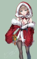 Rule 34 | 1girl, ao+beni, black bra, black thighhighs, box, bra, breasts, brown hair, christmas, cleavage, coat, commentary request, dated, detached hood, fur-trimmed coat, fur-trimmed hood, fur trim, gift, gift box, green eyes, grey background, highres, holding, holding gift, hood, hood up, lips, long sleeves, medium breasts, off shoulder, original, panties, panty peek, pom pom (clothes), red coat, revision, santa costume, short hair, signature, sleeves past fingers, sleeves past wrists, smile, solo, thighhighs, underwear