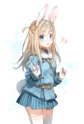 Rule 34 | 1girl, ?, ??, animal ears, belt, blonde hair, blue eyes, cowboy shot, girls&#039; frontline, gloves, hair between eyes, hairband, hands up, image sample, imoko (imonatsuki), long hair, looking at viewer, military, military uniform, one side up, open mouth, pixiv sample, rabbit ears, rabbit tail, sidelocks, solo, suomi (girls&#039; frontline), tail, tareme, teeth, thighhighs, uniform, white gloves, white thighhighs, zettai ryouiki