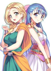 Rule 34 | 2girls, :d, belt, bianca (dq5), blonde hair, blue eyes, blue hair, blush, braid, breasts, cleavage, dragon quest, dragon quest v, earrings, flora (dq5), green eyes, highres, jewelry, long hair, looking at viewer, multiple girls, open mouth, senri gan, simple background, smile, teeth, white background