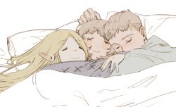 Rule 34 | 1boy, 2girls, blonde hair, boy and girl sandwich, brother and sister, closed eyes, commentary, dungeon meshi, elf, english commentary, falin touden, laios touden, light blush, long hair, marcille donato, multiple girls, parted bangs, partially colored, pointy ears, sandwiched, short hair, siblings, sleeping, smile, under covers, wenli, white background