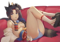 Rule 34 | 1girl, armor, ass, bare shoulders, black footwear, black hair, black hat, blue eyes, blue gloves, blue panties, blush, breast curtains, breasts, circlet, cleavage, closed mouth, couch, detached sleeves, fate/grand order, fate (series), feathers, fur-trimmed footwear, fur trim, gloves, hat, japanese armor, kneehighs, kusazuri, legs up, long hair, long sleeves, looking at viewer, lying, medium breasts, on back, on couch, panties, parted bangs, pinta (ayashii bochi), pom pom (clothes), revealing clothes, smile, socks, solo, tate eboshi, thighs, tongue, tongue out, underwear, ushiwakamaru (fate), very long hair, white sleeves, white socks