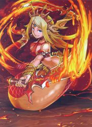 Rule 34 | 1girl, blonde hair, blue eyes, echidna (p&amp;d), fire, highres, lamia, monster girl, puzzle &amp; dragons, smile, solo, sword, weapon
