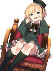 Rule 34 | 1girl, :d, aged down, amagasa yun, armchair, black bow, black ribbon, blonde hair, blush, bow, cabbie hat, chair, commentary request, dress, dutch angle, fate (series), frilled dress, frills, green dress, green hat, green socks, hands up, hat, head tilt, highres, kneehighs, long sleeves, looking at viewer, lord el-melloi ii case files, on chair, open mouth, pom pom (clothes), reines el-melloi archisorte, ribbon, short hair, simple background, sitting, sleeves past wrists, smile, socks, solo, tilted headwear, white background, wide sleeves