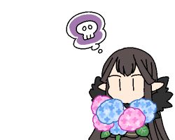 Rule 34 | 1girl, black dress, black hair, blue flower, bouquet, chibi, dress, fate/apocrypha, fate (series), flower, fur trim, haretaka, holding, holding bouquet, hydrangea, lowres, no mouth, pink flower, pointy ears, semiramis (fate), simple background, skull, solo, spoken skull, thought bubble, upper body, white background, | |