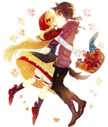 Rule 34 | 1boy, 1girl, animal ears, apple, bad id, bad pixiv id, basket, big bad wolf, blonde hair, blue eyes, blush, boots, cape, capelet, couple, dress, food, fruit, grimm&#039;s fairy tales, hand on another&#039;s cheek, hand on another&#039;s face, heart, hetero, highres, hood, hug, jar, lingmuzi, little red riding hood, little red riding hood (grimm), long hair, long sleeves, original, pants, ponytail, red cape, red footwear, shoes, smile, very long hair, wolf ears