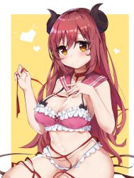 Rule 34 | 1girl, absurdres, bikini, breasts, brown eyes, cleavage, demon girl, demon horns, frilled bikini, frilled panties, frills, hair between eyes, hand on own chest, heart, highres, horns, io (princess connect!), large breasts, long hair, midriff, navel, panties, princess connect!, red hair, red neckwear, red ribbon, ribbon, simple background, sitting, smile, solo, split mouth, swimsuit, thighs, two-tone background, underwear, yztp (sanmery)