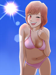 Rule 34 | 1girl, bikini, collarbone, day, from below, kyororiworld, leaning forward, lens flare, navel, one eye closed, open mouth, original, outdoors, pink bikini, red eyes, red hair, short hair, sky, solo, sun, swimsuit, teeth, upper teeth only