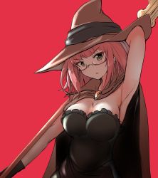 Rule 34 | 10s, 1girl, :o, arm behind back, armpits, arms up, black dress, breasts, cape, cleavage, dress, glasses, goblin slayer!, green eyes, half-closed eyes, hat, highres, large breasts, open mouth, pink background, pink hair, simple background, sleeveless, sleeveless dress, staff, strapless, strapless dress, take (trude1945oneetyan), witch, wizard (goblin slayer!)