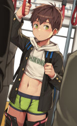 Rule 34 | 1boy, absurdres, artist name, bag, belt, black jacket, blush, boxer briefs, brown hair, bulge, bus, clothes lift, clothes pull, clothes writing, cowboy shot, daikung, drawstring, embarrassed, green boxer briefs, green eyes, green male underwear, highres, hood, hoodie, hoodie lift, hoodie writing, jacket, long sleeves, looking at viewer, male focus, male underwear, midriff, motor vehicle, navel, open clothes, open fly, open jacket, open pants, pants, pants pull, red belt, shirt lift, train, underwear, unzipped, white hoodie