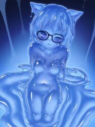 Rule 34 | 1girl, animal ears, arm support, black-framed eyewear, blue eyes, blue hair, blush, breasts, cat ears, cat girl, cat tail, collarbone, commission, completely nude, curss, glasses, highres, looking at viewer, monster girl, navel, nude, one eye closed, original, parted lips, seiza, short hair, sitting, skeb commission, slime (substance), slime girl, small breasts, solo, tail