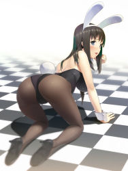 Rule 34 | 1girl, all fours, animal ears, ass, bare shoulders, black hair, black pantyhose, blue eyes, blush, checkered floor, fake animal ears, floor, from behind, hairband, high heels, leotard, long hair, looking back, munashi mujou, new year, open mouth, original, pantyhose, playboy bunny, rabbit ears, rabbit tail, shoes, solo, tail, wrist cuffs