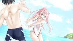 Rule 34 | 10s, 1boy, 1girl, ass, back, bare shoulders, beach, black hair, black male swimwear, black swim trunks, blue sky, blush, breasts, cleavage, cloud, cloudy sky, collarbone, commentary, commentary request, couple, darling in the franxx, day, english commentary, fangs, green eyes, hair ornament, hairband, hand up, hetero, high ponytail, highres, hiro (darling in the franxx), horns, long hair, looking at another, male swimwear, medium breasts, ocean, one-piece swimsuit, oni horns, pink hair, ponytail, red horns, signature, sky, splashing, strap, swim trunks, swimsuit, thighs, topless male, water, water drop, waves, wet, white hairband, white one-piece swimsuit, xwaterice, zero two (darling in the franxx)