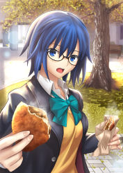 Rule 34 | 1girl, absurdres, bag, black-framed eyewear, black jacket, blue eyes, blue hair, blush, bow, bowtie, bread, breasts, buttons, ciel (tsukihime), collared shirt, curry bread, day, fingernails, food, giving, glasses, green bow, green bowtie, hair between eyes, harukey, highres, holding, holding food, incoming food, jacket, long sleeves, looking at viewer, medium breasts, open clothes, open jacket, open mouth, outdoors, paper bag, school uniform, shirt, short hair, solo, steam, teeth, tree, tsukihime, tsukihime (remake), uniform, upper body, upper teeth only, vest, white shirt, yellow vest