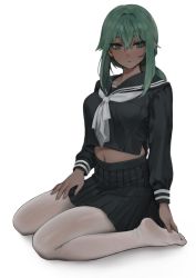 Rule 34 | 1girl, breasts, crop top, dress, feet, gompang 11, green eyes, green hair, hand on own hip, hand on own thigh, highres, kneeling, navel, original, sailor collar, sailor dress, sailor senshi uniform, soles, solo, thighhighs, thighs, white background, white thighhighs