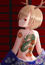 Rule 34 | 1girl, absurdres, antlers, ass, back, back tattoo, bare back, blonde hair, blue kimono, commentary request, dragon horns, dragon tattoo, from behind, highres, horns, japanese clothes, kicchou yachie, kimono, looking back, masakano masaka, red eyes, solo, tattoo, topless, touhou