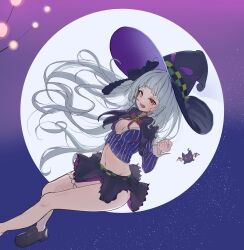 Rule 34 | 1girl, absurdres, arched bangs, black footwear, black ribbon, black skirt, bow, bowtie, breasts, commentary, cropped shirt, floating, foot out of frame, full moon, hair ribbon, hat, highres, hololive, long hair, long sleeves, looking at viewer, lovelyme, midriff, miniskirt, moon, murasaki shion, open mouth, pink eyes, pinstripe pattern, purple bow, purple bowtie, ribbon, shirt, shoes, skirt, sky, small breasts, smile, solo, star (sky), starry sky, striped clothes, striped shirt, vertical-striped clothes, vertical-striped shirt, virtual youtuber, white hair, witch hat