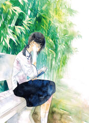 Rule 34 | 1girl, bamboo, bench, black hair, black skirt, blue skirt, book, chinese commentary, closed eyes, commentary request, day, holding, holding book, leaf, long hair, moekon, on bench, open book, original, outdoors, painting (medium), plant, ponytail, profile, reading, shirt, shoes, sitting, skirt, socks, solo, traditional media, watercolor (medium), white shirt, white socks