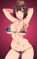 Rule 34 | 1girl, american flag, american flag bikini, american flag print, armpit hair, armpits, arms behind head, arms up, bikini, blue eyes, breasts, brown eyes, brown hair, brown hat, character request, closed mouth, collarbone, commentary request, em (totsuzen no hakike), female pubic hair, flag print, garrison cap, geena preddy, hat, large breasts, looking at viewer, micro bikini, noble witches, print bikini, pubic hair, pubic hair peek, red background, side-tie bikini bottom, simple background, smile, solo, split mouth, standing, swimsuit, world witches series