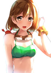 Rule 34 | 10s, 1girl, akabane rin, animal, animal on shoulder, bikini, bikini top only, brown hair, crab, fang, goggles, goggles around neck, highres, kantai collection, oboro (kancolle), open mouth, scrunchie, short hair, simple background, solo, swimsuit, wrist scrunchie