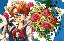 Rule 34 | 1boy, blue background, blue eyes, blue flower, bouquet, brown hair, floral background, flower, glasses, hand up, holding, holding bouquet, looking to the side, male focus, meremero, neckerchief, open mouth, orange flower, original, pink flower, pink rose, red neckerchief, rose, shirt, short hair, smile, solo, upper body, white flower, white shirt