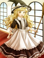 Rule 34 | 1girl, :d, adapted costume, blonde hair, blush, braid, broom, center frills, feet out of frame, frills, hat, holding, holding broom, indoors, kirisame marisa, kyabekko, long hair, looking at viewer, open mouth, petticoat, puffy short sleeves, puffy sleeves, short sleeves, smile, solo, touhou, window, witch hat, yellow eyes