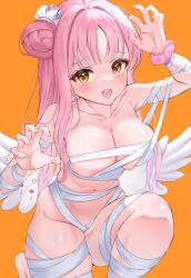 1girl absurdres angel_wings bandaged_arm bandaged_chest bandaged_leg bandages bare_shoulders barefoot blue_archive blush breasts hair_bun highres looking_at_viewer love_handles low_wings mika_(blue_archive) open_mouth orange_background pink_hair scrunchie simple_background single_side_bun solo wfa5051 white_wings wing_ornament wings wrist_scrunchie yellow_eyes