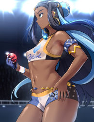 Rule 34 | 1girl, armpits, bare shoulders, bikini, black hair, blue eyes, blue hair, breasts, commentary request, covered erect nipples, cowboy shot, creatures (company), crop top, dark-skinned female, dark skin, earrings, from side, game freak, gloves, gym leader, hair ornament, highres, hoop earrings, jewelry, lips, long hair, medium breasts, multicolored hair, navel, nessa (pokemon), nintendo, nipples, parted lips, pokemon, pokemon swsh, ponchi (menchi0925), see-through, short shorts, shorts, single glove, solo, stomach, swimsuit, tankini, thigh gap, two-tone hair