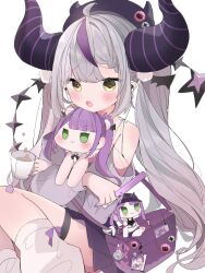 Rule 34 | bare shoulders, black horns, braid, braided bangs, character doll, cup, fake horns, fang, hair wings, highres, holding, holding cup, hololive, horned headwear, horns, la+ darknesss, multicolored hair, nail polish, nocchi (r ws2l), pointy ears, purple hair, skin fang, streaked hair, striped horns, tokoyami towa, virtual youtuber, yellow eyes