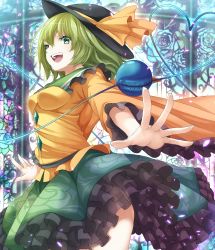 Rule 34 | 1girl, breasts, floral print, green eyes, green hair, hat, hat ribbon, heart, heart of string, highres, impossible clothes, impossible shirt, komeiji koishi, long sleeves, matching hair/eyes, mikoma sanagi, open mouth, outstretched arms, petals, petticoat, ribbon, shirt, skirt, smile, solo, third eye, touhou, upskirt, wide sleeves