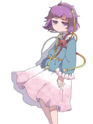 Rule 34 | 1girl, bad id, bad twitter id, blouse, blue shirt, closed mouth, commentary request, feet out of frame, hairband, jitome, komeiji satori, long sleeves, pink skirt, purple eyes, purple hair, sasa kichi, shirt, simple background, skirt, solo, standing, third eye, touhou, white background, wide sleeves