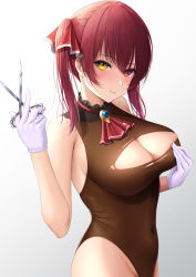Rule 34 | 1girl, absurdres, ascot, bare arms, bare shoulders, blush, breasts, cleavage cutout, closed mouth, clothing cutout, covered navel, detached collar, from side, gloves, grey background, hair ribbon, hand up, heterochromia, highres, holding, holding scissors, hololive, houshou marine, laimer, large breasts, leotard, lips, looking at viewer, no jacket, no pants, red eyes, red hair, red ribbon, ribbon, scissors, simple background, smile, solo, taut clothes, torn clothes, torn leotard, upper body, virtual youtuber, white gloves, yellow eyes