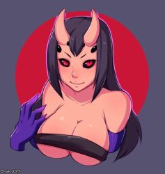 Rule 34 | 1girl, 2017, 5-ish (crevettavt), black hair, black sclera, breasts, breasts squeezed together, colored sclera, covered erect nipples, demon girl, elbow gloves, extra eyes, gloves, horns, large breasts, long hair, looking at viewer, monster girl, naked ribbon, red eyes, ribbon, smile