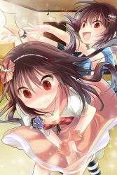 Rule 34 | 2girls, arm garter, armlet, arms up, bat (animal), blush, brown hair, clenched teeth, flower, frills, hair ornament, hairband, hairpin, jewelry, layered skirt, lowres, multiple girls, musical note, necklace, open mouth, plaid, red eyes, reum, rion flina, short hair, short sleeves, sion flina, skirt, skirt flip, smile, striped legwear, sword girls, teeth, thighhighs