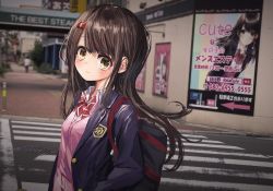 Rule 34 | 1girl, backpack, bad id, bad twitter id, bag, bow, bowtie, brown eyes, brown hair, closed mouth, collared shirt, gishiki (gshk), hair ornament, hand in pocket, highres, jacket, long hair, long sleeves, looking at viewer, original, photo background, pink vest, purple jacket, red bow, red bowtie, school uniform, shirt, smile, solo, sweater vest, upper body, vest, white shirt, wing collar