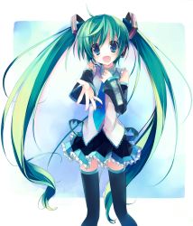 Rule 34 | 1girl, aqua eyes, aqua hair, bad id, bad pixiv id, collaboration, colorized, detached sleeves, gotou nao, hatsune miku, headset, highres, long hair, necktie, outstretched arm, outstretched hand, reaching, skirt, solo, thighhighs, twintails, very long hair, vocaloid, yudesoba, zettai ryouiki