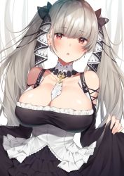 Rule 34 | 1girl, azur lane, bare shoulders, between breasts, black dress, blush, breasts, cleavage, collarbone, curtsey, dress, earrings, formidable (azur lane), frilled dress, frills, grey hair, hair ribbon, highres, jewelry, large breasts, long hair, looking at viewer, open mouth, red eyes, ribbon, solo, twintails, two-tone dress, two-tone ribbon, usa b