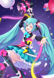 Rule 34 | 1girl, ;d, ahoge, arm up, balloon, black footwear, black sleeves, blue bow, blue eyes, blue hair, blue skirt, boots, bow, detached sleeves, floating hair, frilled skirt, frills, hair between eyes, hair bow, hatsune miku, highres, holding, layered skirt, long hair, long sleeves, magical mirai (vocaloid), magical mirai miku, magical mirai miku (2018), megaphone, mikmix, miniskirt, one eye closed, open mouth, outstretched arm, outstretched hand, pink bow, skirt, smile, solo, thigh boots, thighhighs, twintails, very long hair, vocaloid, white bow, white thighhighs, yellow bow