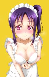 Rule 34 | 1girl, absurdres, apron, apron pull, blush, breasts, ckst, cleavage, clothes pull, collar tug, collarbone, commentary request, heavy breathing, highres, kazuno sarah, looking at viewer, love live!, love live! sunshine!!, maid apron, maid headdress, medium breasts, naked apron, nose blush, purple eyes, purple hair, side ponytail, sidelocks, simple background, smile, solo, sweat, upper body, white apron
