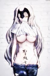 Rule 34 | 1girl, against wall, body writing, breasts, clothes lift, commentary request, denim, fate/apocrypha, fate/grand order, fate (series), groin, headpiece, highres, jeanne d&#039;arc (fate), jeanne d&#039;arc alter (avenger) (fate), jeanne d&#039;arc alter (fate), large breasts, lifting own clothes, long hair, looking at viewer, md5 mismatch, mouth hold, nekoya (liu), no panties, pants, resolution mismatch, revision, shirt, shirt lift, short sleeves, solo, source larger, standing, translated, underboob, very long hair, white hair, yellow eyes